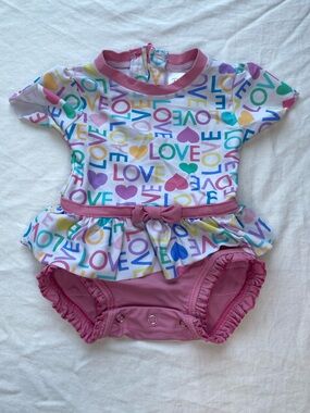Ruffle Butts Pink Multicolor LOVE Print Baby Swimsuit with snaps